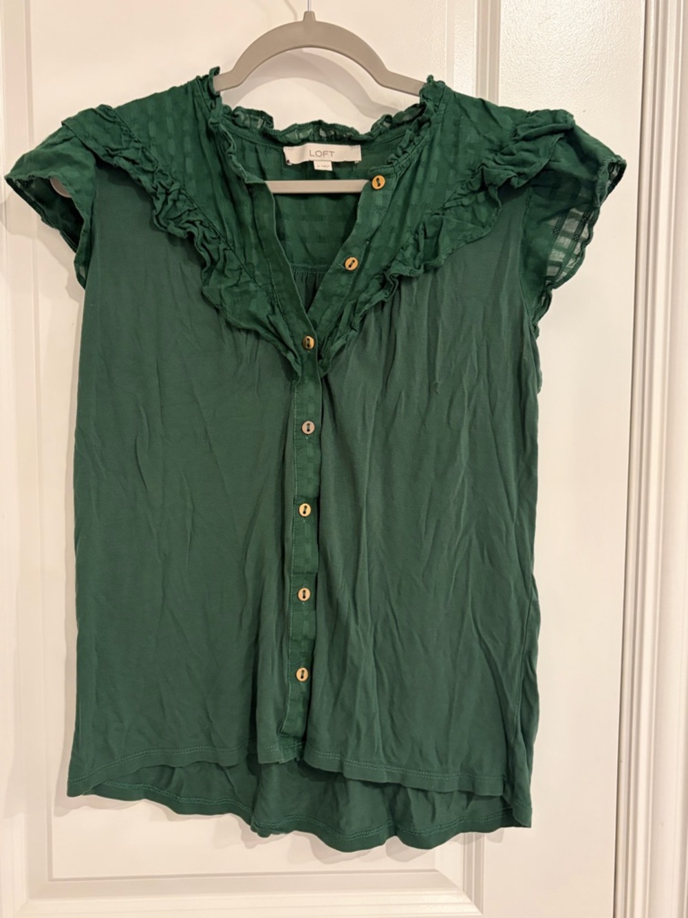 LOFT Emerald Green Ruffle-Trim Button-Front Top